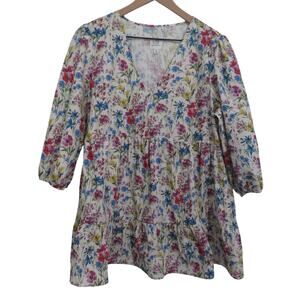 Gap Maternity Womens Sz M White Blue Pink Floral Tunic V Neck 3/4 Sleeve Blouse